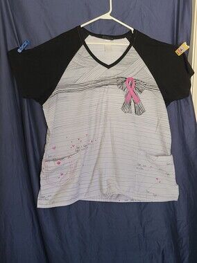 Cherokee Black and White Scrub Top with Pink Ribbon Accent